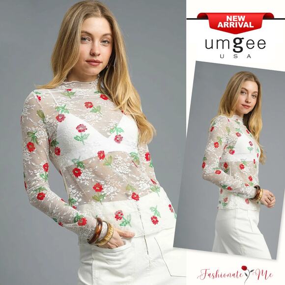 Umgee Floral Pattern Mock Neck Long Sleeves Semi Sheer Lightweight Top | White - Picture 1 of 5